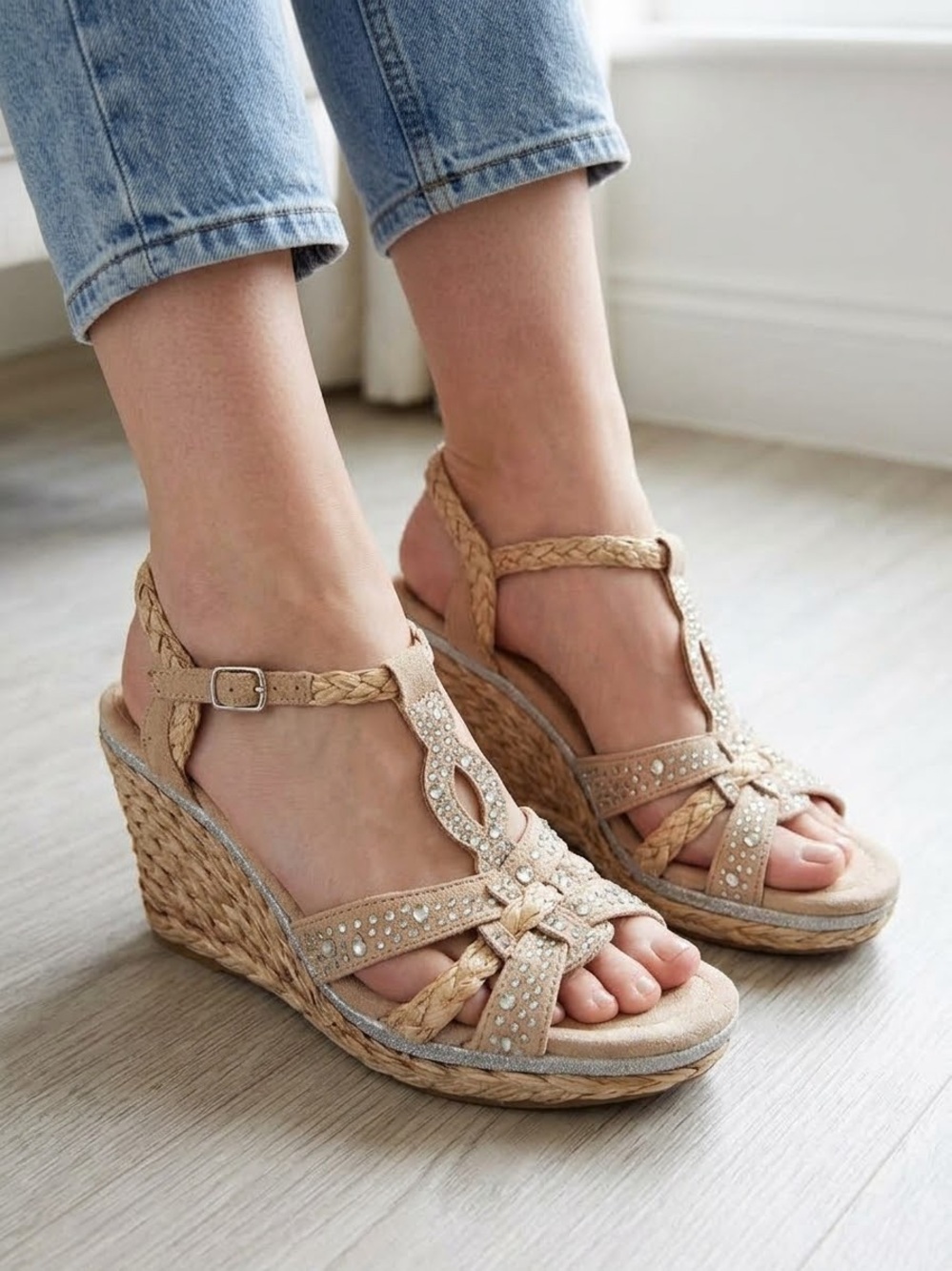 Braided Espadrille Wedge Sandals - Beige